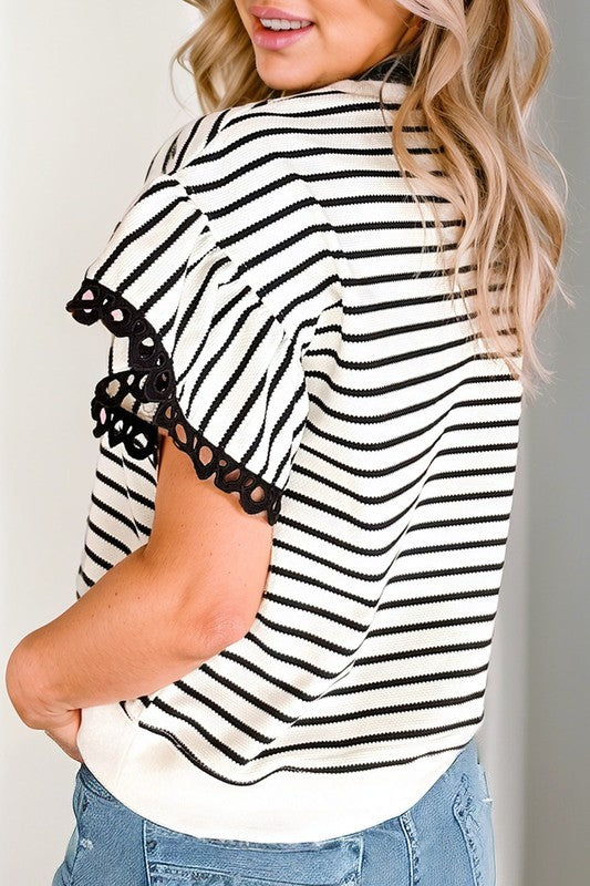 Ruffle Lace Trim Stripe Shirt