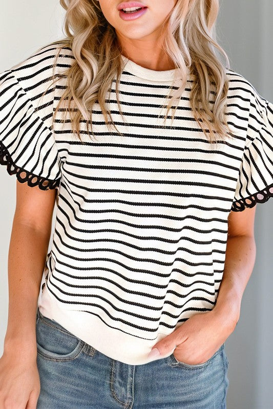 Ruffle Lace Trim Stripe Shirt