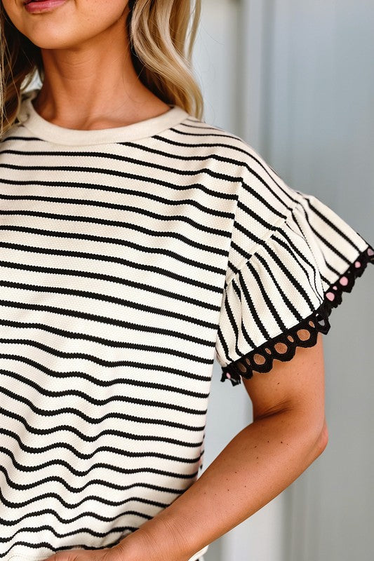 Ruffle Lace Trim Stripe Shirt