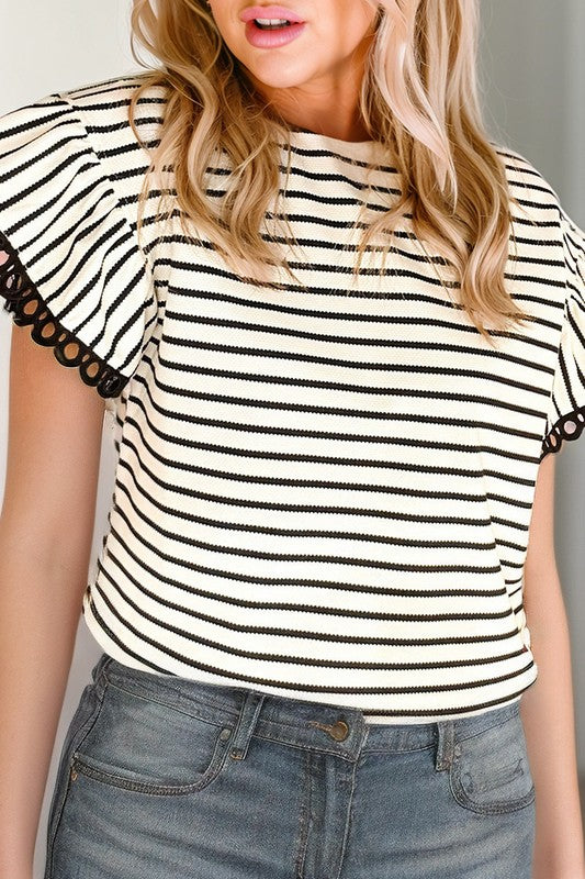 Ruffle Lace Trim Stripe Shirt