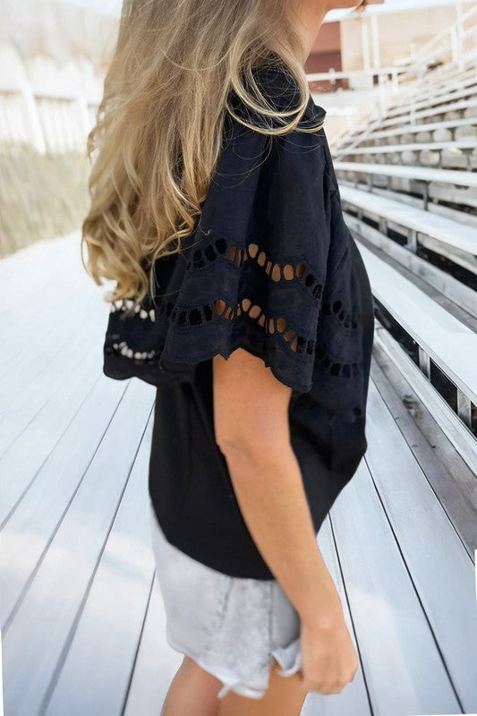 Cut  Out Hallow Sleeve Crew Neck Top - 2