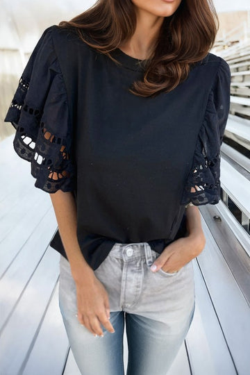 Cut  Out Hallow Sleeve Crew Neck Top