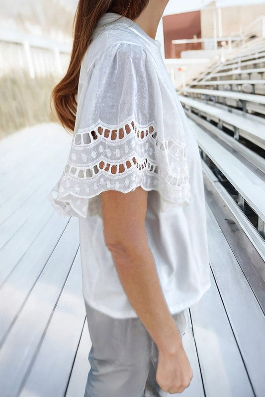 Cut  Out Hallow Sleeve Crew Neck Top - 2