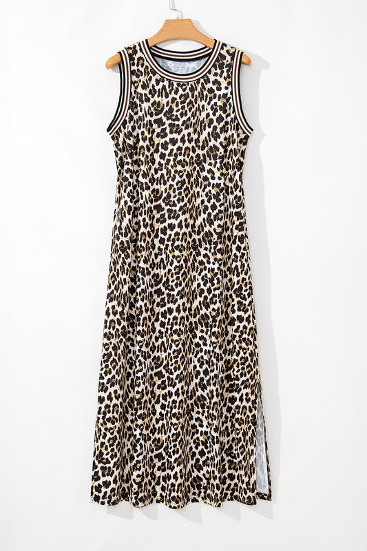 Contrast Stripe Trim Leopard Dress
