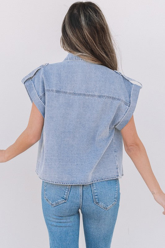 Fold Cap Sleeve Denim Button Top