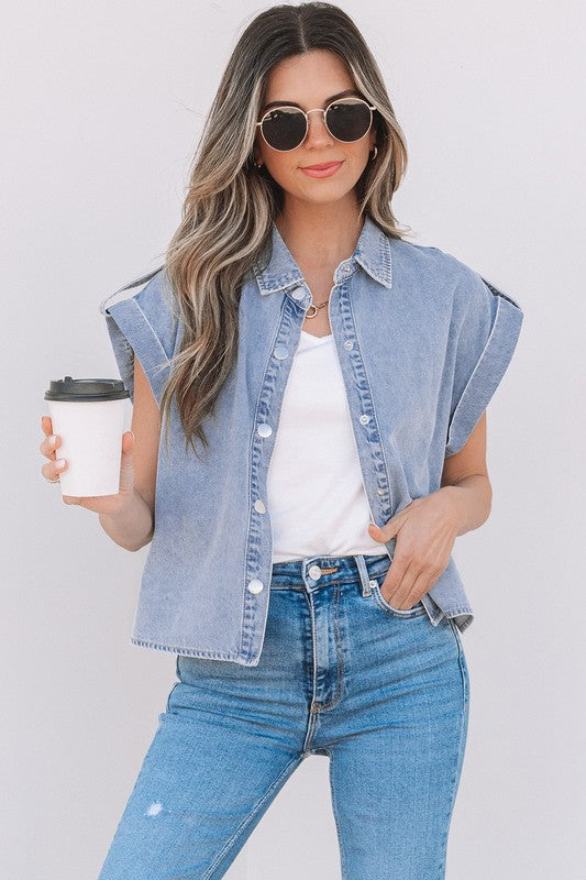Fold Cap Sleeve Denim Button Top