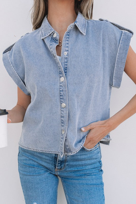 Fold Cap Sleeve Denim Button Top