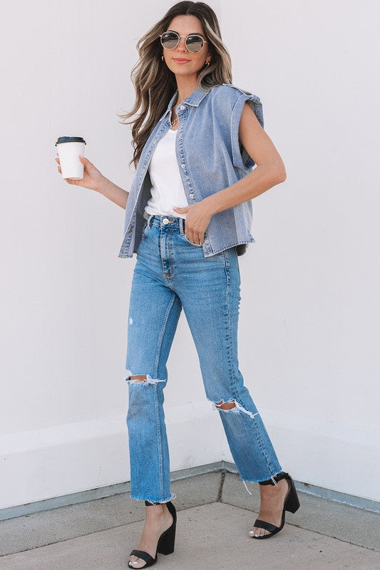 Fold Cap Sleeve Denim Button Top