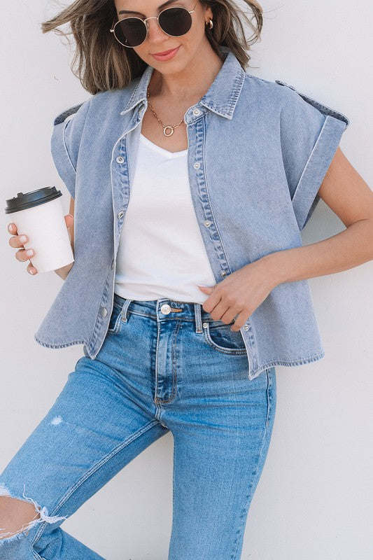 Fold Cap Sleeve Denim Button Top