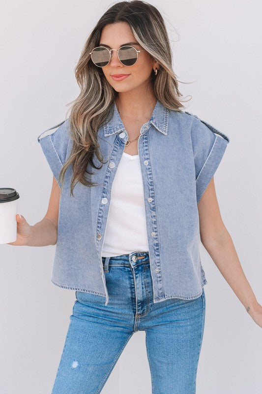 Fold Cap Sleeve Denim Button Top