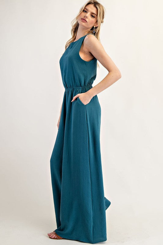 Teal Solid Sleeveless Jumpsuit