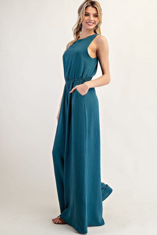 Teal Solid Sleeveless Jumpsuit