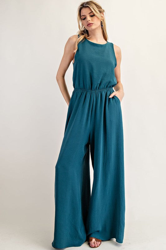 Teal Solid Sleeveless Jumpsuit