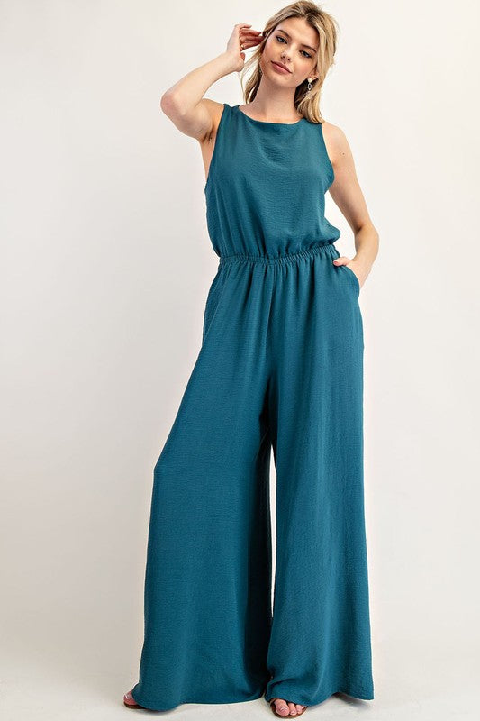 Teal Solid Sleeveless Jumpsuit