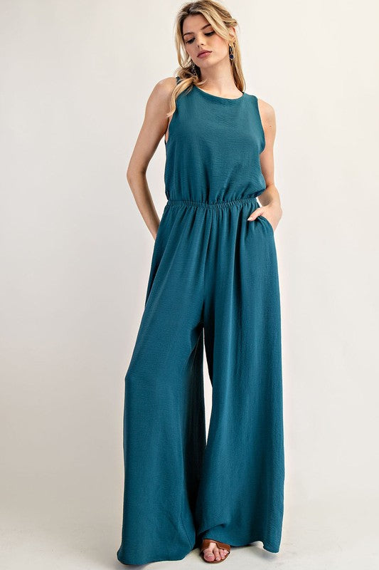 Teal Solid Sleeveless Jumpsuit