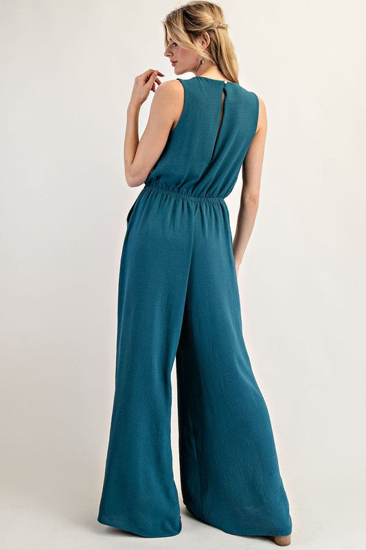 Teal Solid Sleeveless Jumpsuit