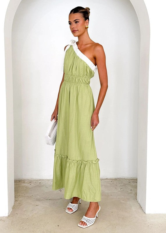 One Shoulder Green Dress - 2