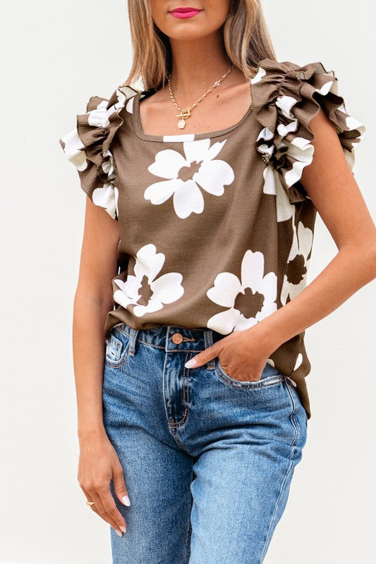 Mocha Floral Ruffled Sleeve Top - 2
