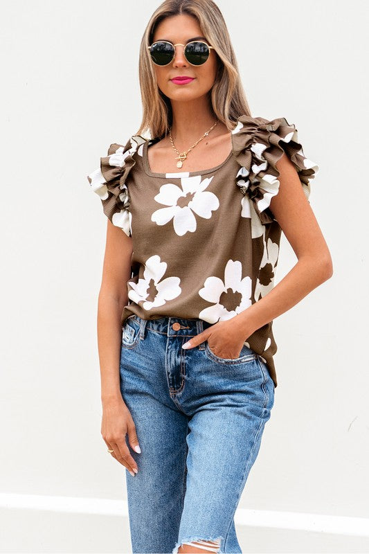 Mocha Floral Ruffled Sleeve Top - 2