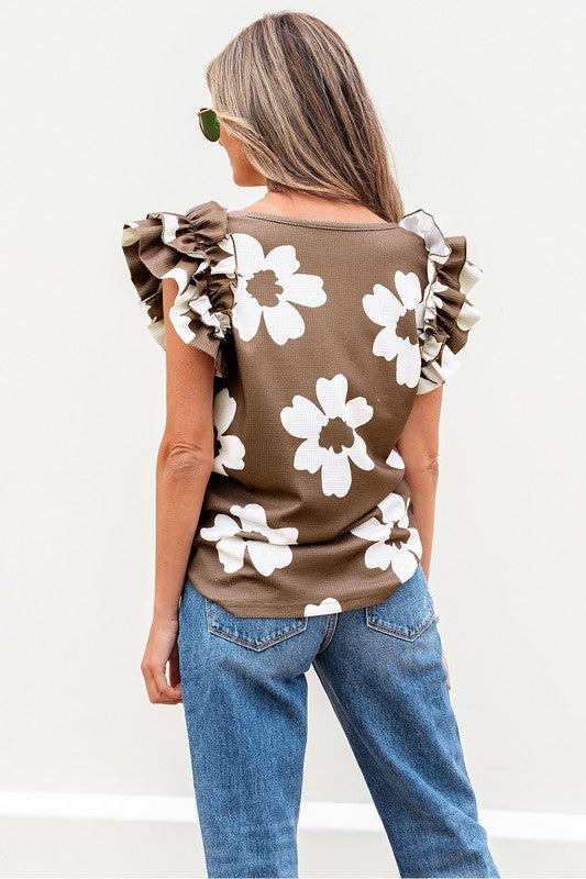 Mocha Floral Ruffled Sleeve Top - 2