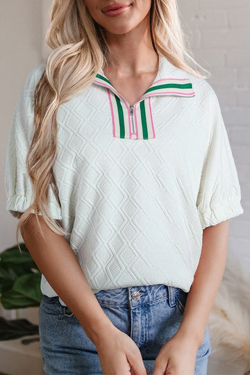 Ivory Texture & Color Stripe Zipper Top