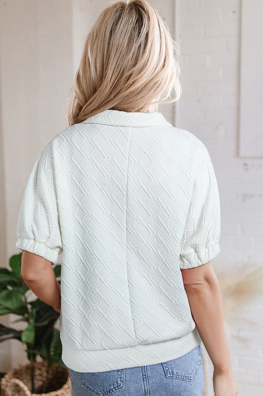 Ivory Texture & Color Stripe Zipper Top