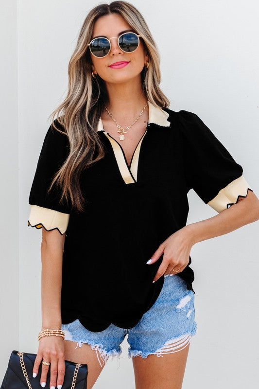 Knit Blend Black and Cream Scallop Trim Top