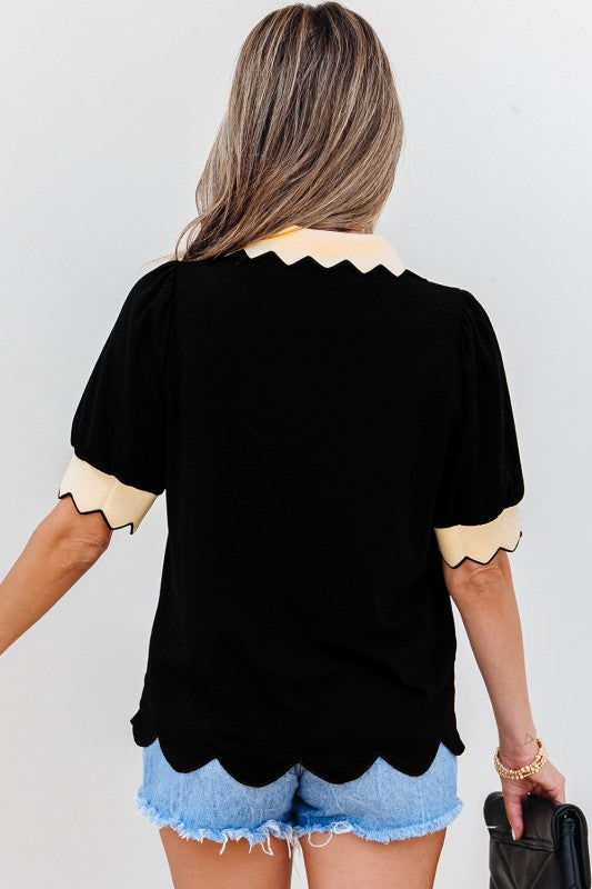 Knit Blend Black and Cream Scallop Trim Top