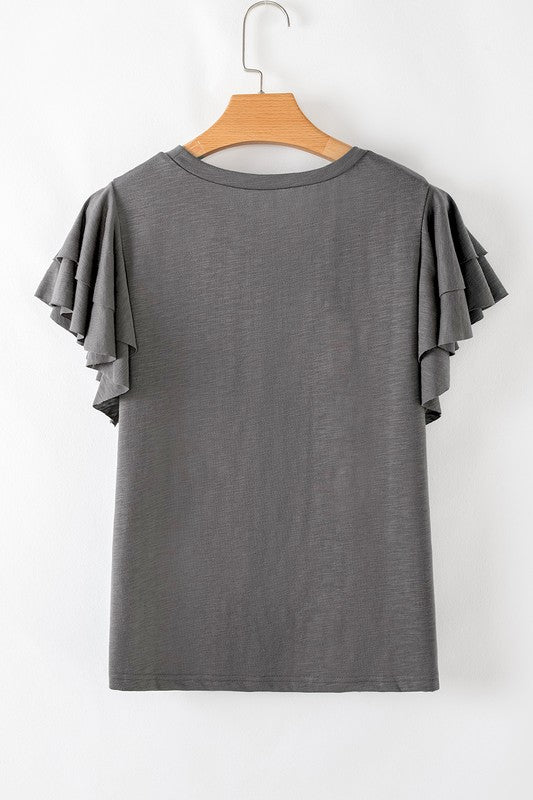 Gray Knit Ruffle Tee