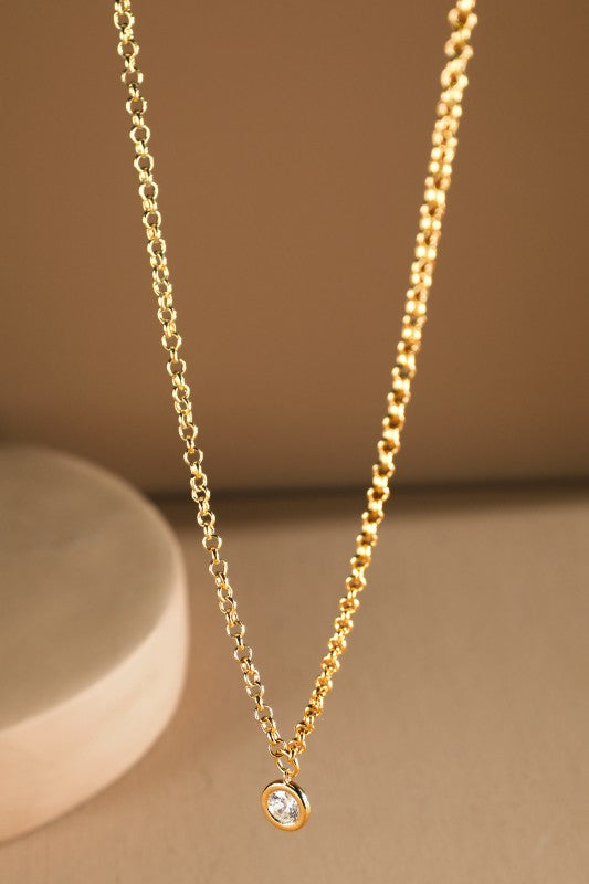 Gold Brass Chain & CZ Drop Necklace