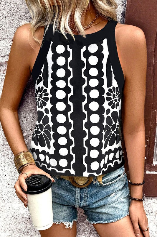 Geometric Black and White Sleeveless Top