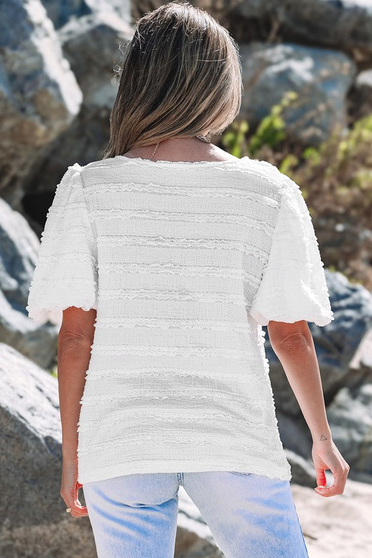 White Texture Stripe Bubble Sleeve Top