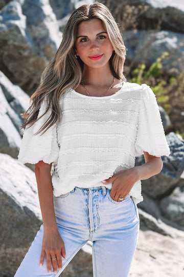 White Texture Stripe Bubble Sleeve Top