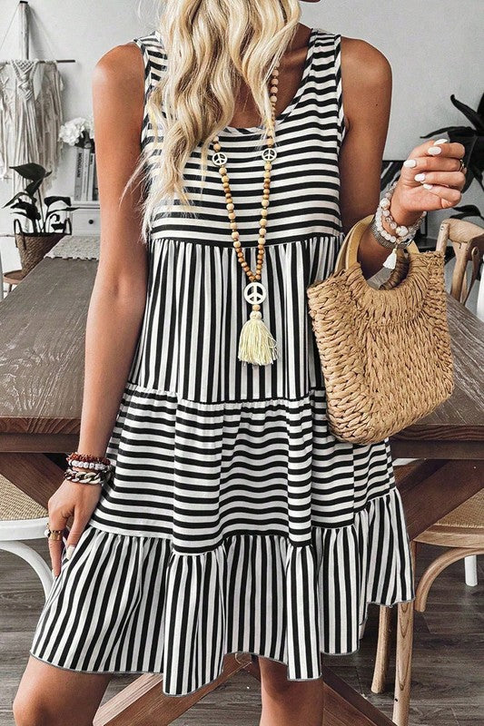 U Neck Striped Tiered Sun Dress