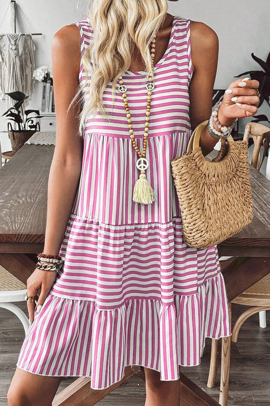 U Neck Striped Tiered Sun Dress