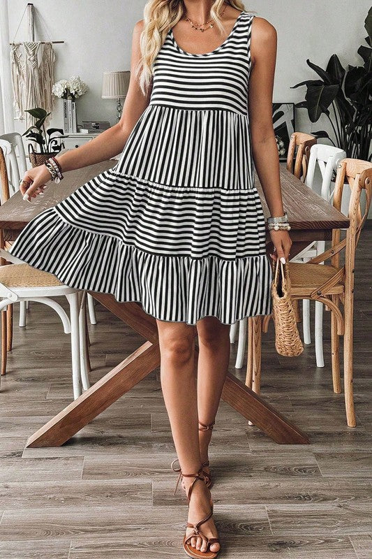 U Neck Striped Tiered Sun Dress
