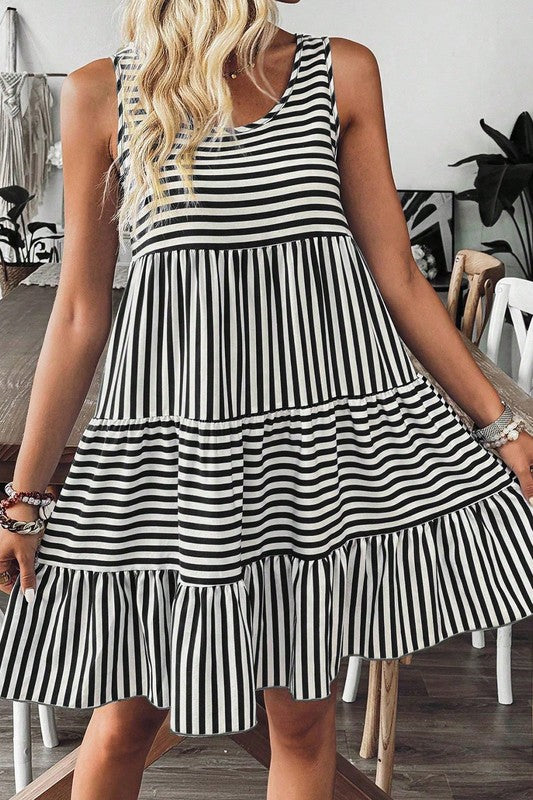 U Neck Striped Tiered Sun Dress