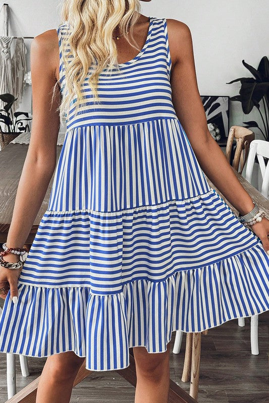 U Neck Striped Tiered Sun Dress