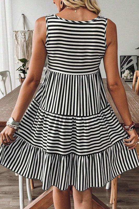 U Neck Striped Tiered Sun Dress