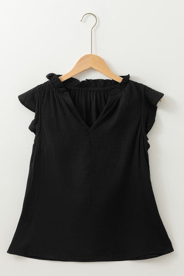 Cotton Black Ruffle Shoulder Top