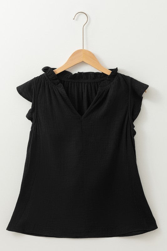 Cotton Black Ruffle Shoulder Top