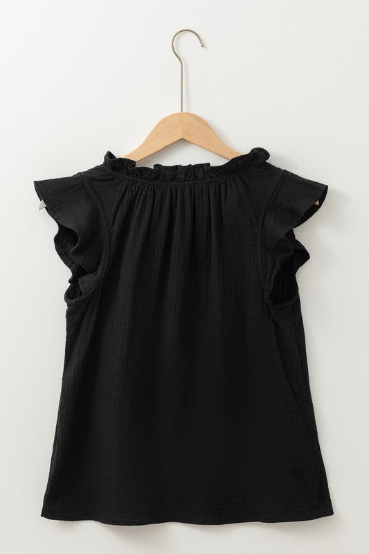 Cotton Black Ruffle Shoulder Top