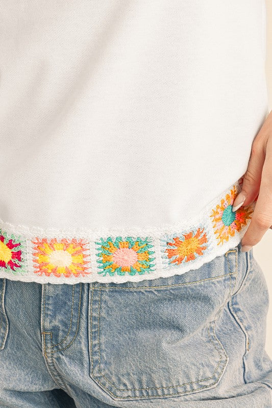Floral Crochet Hem Ruffle Tee