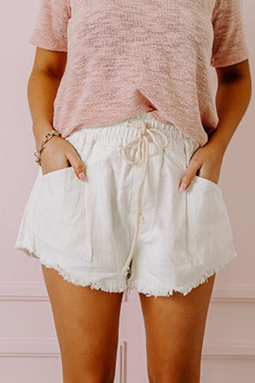 White Raw Hem Denim Drawstring Shorts