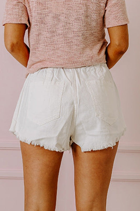 White Raw Hem Denim Drawstring Shorts