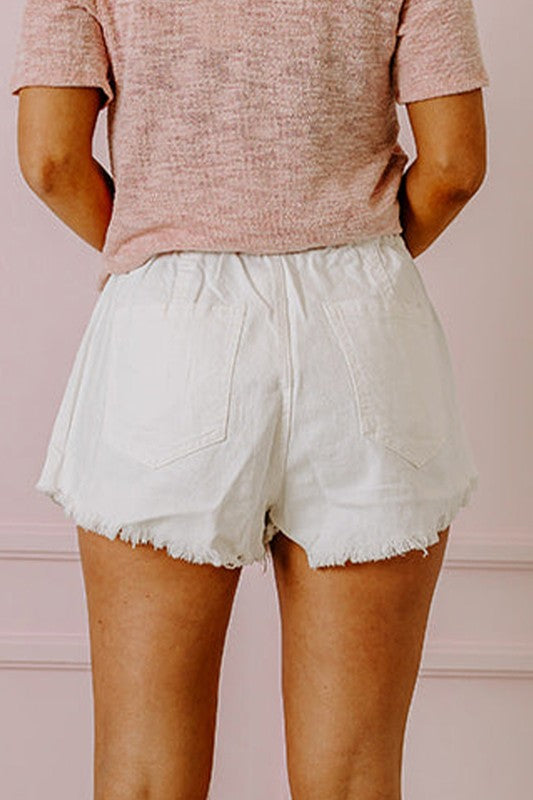 White Raw Hem Denim Drawstring Shorts