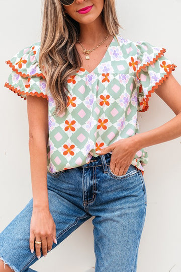 Mint & Orange Geo Ric Rac Top