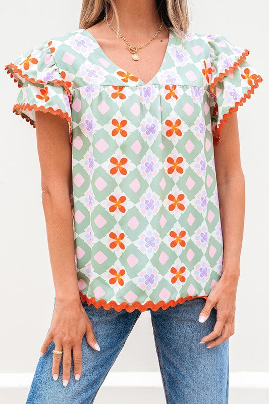 Mint & Orange Geo Ric Rac Top