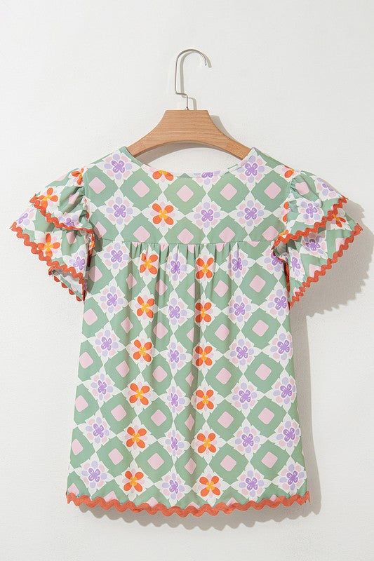 Mint & Orange Geo Ric Rac Top