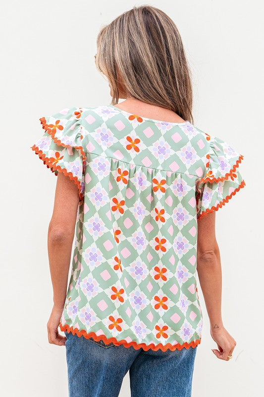 Mint & Orange Geo Ric Rac Top